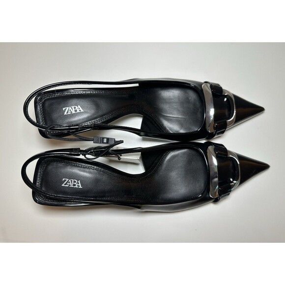 ZARA NEW Black Silver Pointed Toe Kitten Heel Slingback Sandal Women US 11 EU 42 - Picture 6 of 11